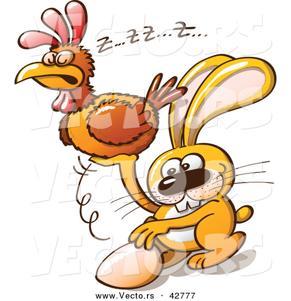Vector of a Sneaky Easter Bunny Stealing Eggs from a Sleeping Hen