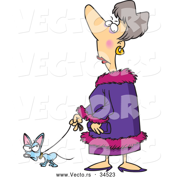 Vector of a Snobby Cartoon Lady Walking Her Spoiled Dog