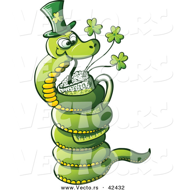 Vector of a St. Patrick's Day Cartoon Snake Drinking Beer from Clover Mug