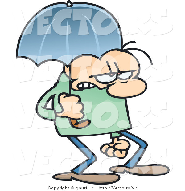 Vector of a Stressed Cartoon Man Walking Under an Umbrella