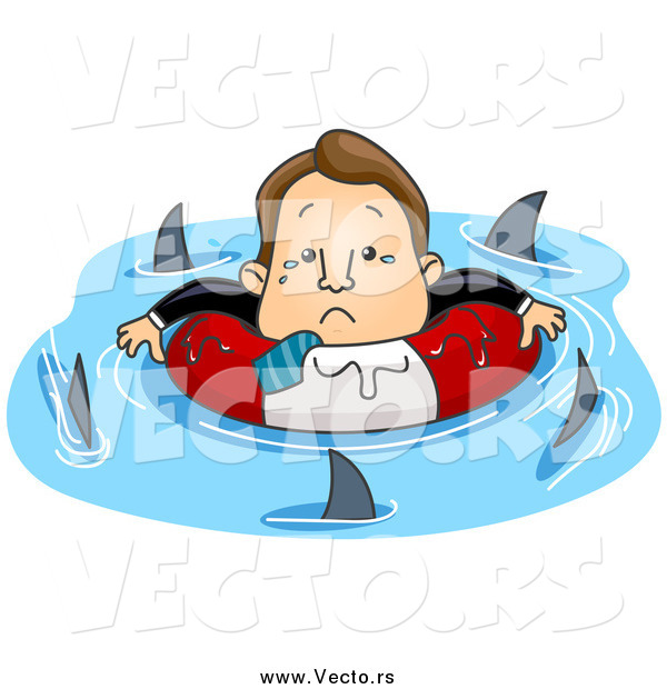 Vector of a Stressed White Businessman Surrounded by Circling Sharks