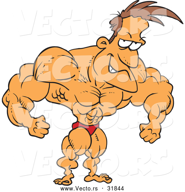 Vector of a Strong Cartoon Bodybuilder Flexing His Muscles While Posiing and Grinning