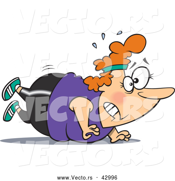 Vector of a Struggling Overweight Cartoon Woman Trying to Do Push Ups