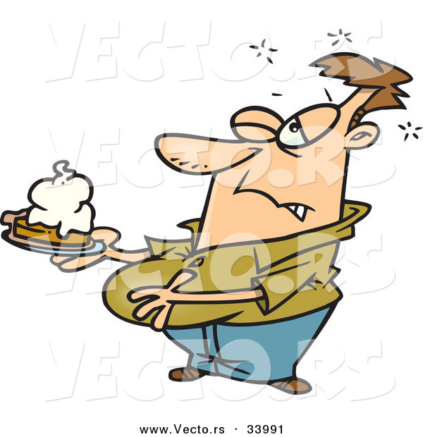 Vector of a Stuffed Cartoon Chubby Man Holding Big Slice of Pumpkin Pie While Rubbing His Big Belly While Grinning