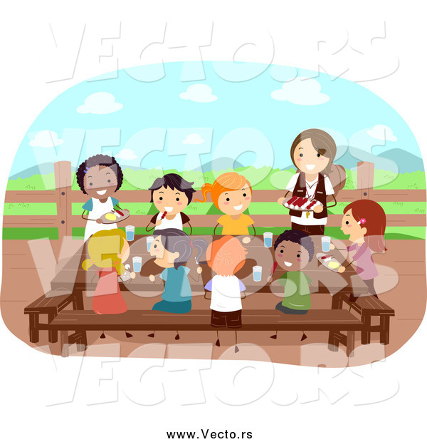 Vector of a Summer Camp Guide Woman Feeding Hungry Kids