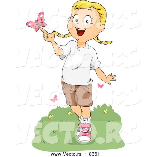 Vector of a Summer Girl Playing with a Pink Butterfly