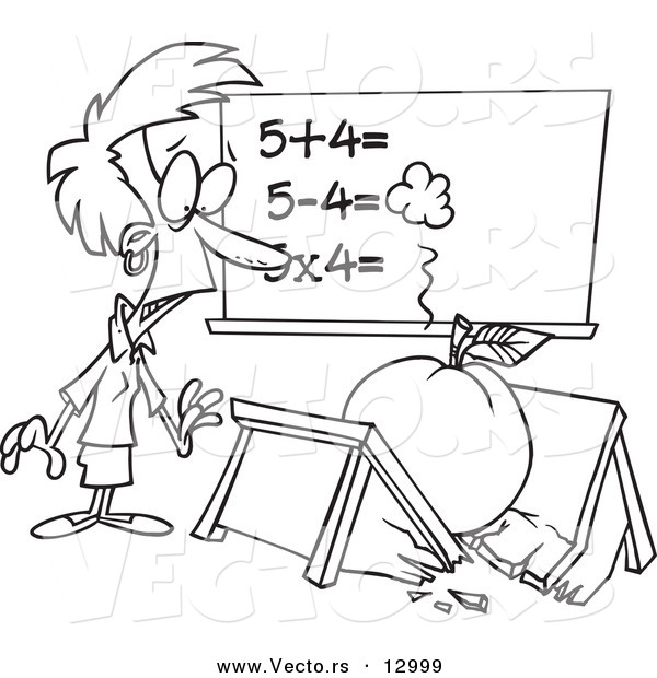 Vector of a Surprised Cartoon Teacher Looking at Broken Desk with Big Apple in the Middle - Coloring Page Outline Version