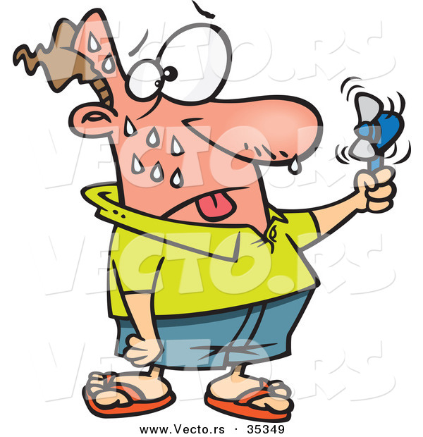 Vector of a Sweating Cartoon Man Holding a Small Fan in Front of His Red Hot Face