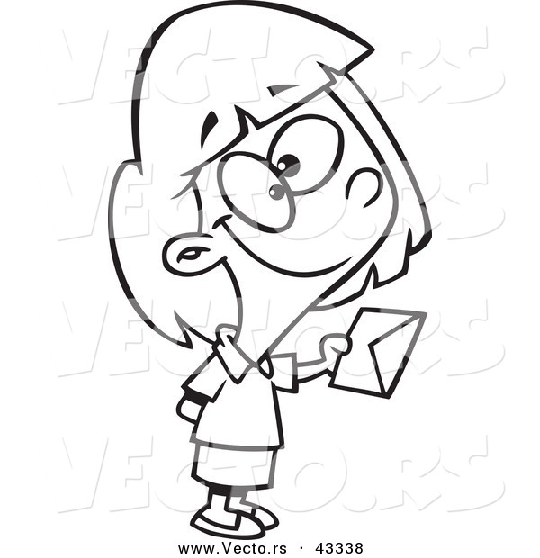 Vector of a Sweet Cartoon Girl Giving out Invitations - Coloring Page Outline