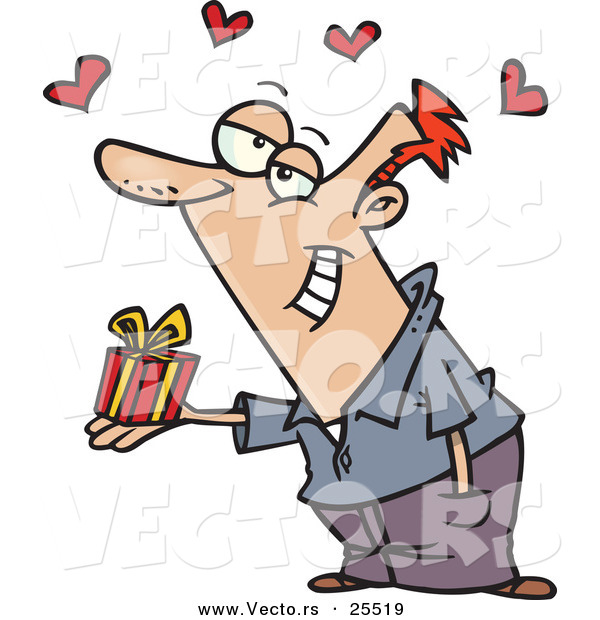 Vector of a Sweet Cartoon Man Holding out a Small Wrapped Gift with Love Hearts