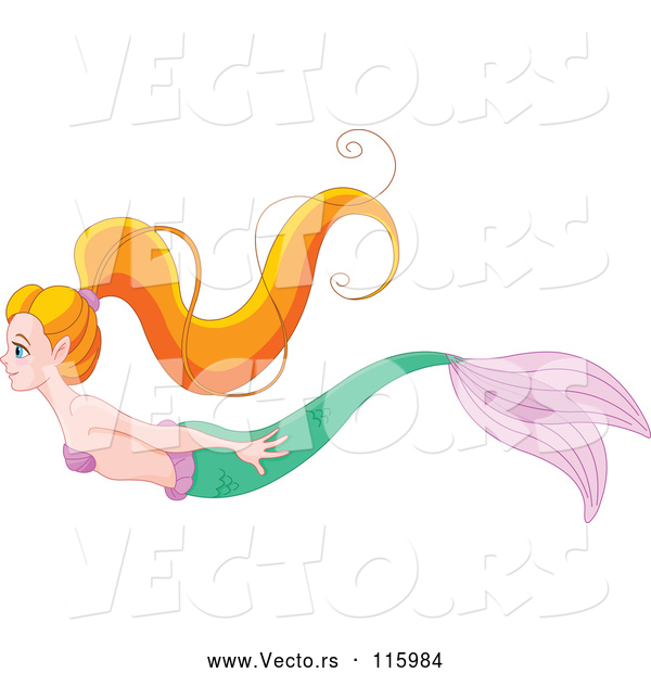 Vector of a Swimming Cartoon Red Haired Mermaid