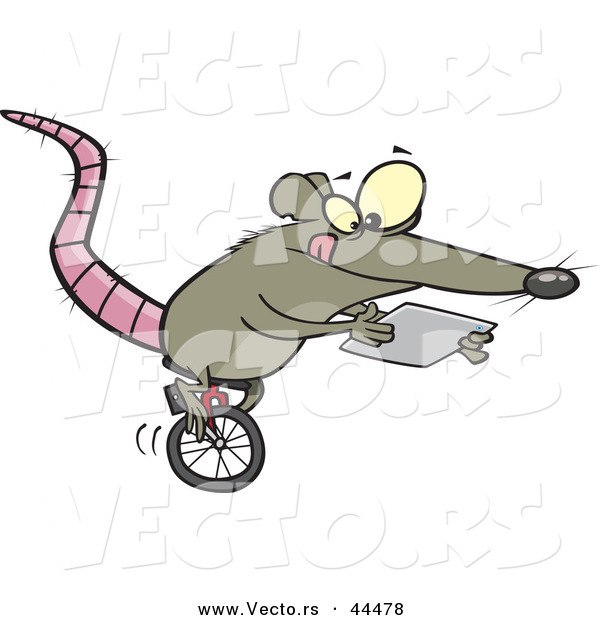Vector of a Talented Cartoon Rat Riding a Unicycle While Using a Tablet Computer