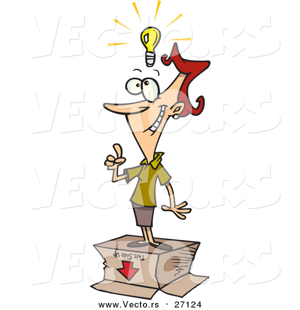 Vector of a Thinking Businesswoman Standing on a Box with a Light Bulb Floating Above Her Head - Cartoon Style