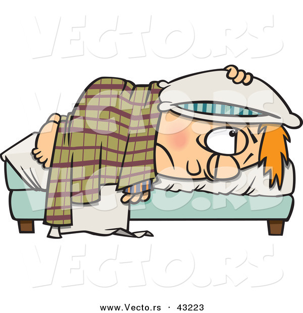 Vector of a Tired Cartoon Boy Miserably Resting in Bed with a Pillow over His Head