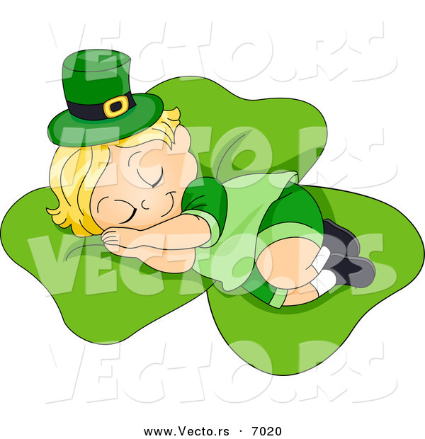 Vector of a Tired Cartoon Leprechaun Toddler Sleeping on a Large Shamrock