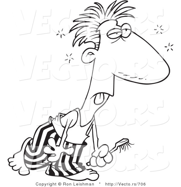 Vector of a Tired Cartoon Man Walking with Toothbrush - Line Drawing