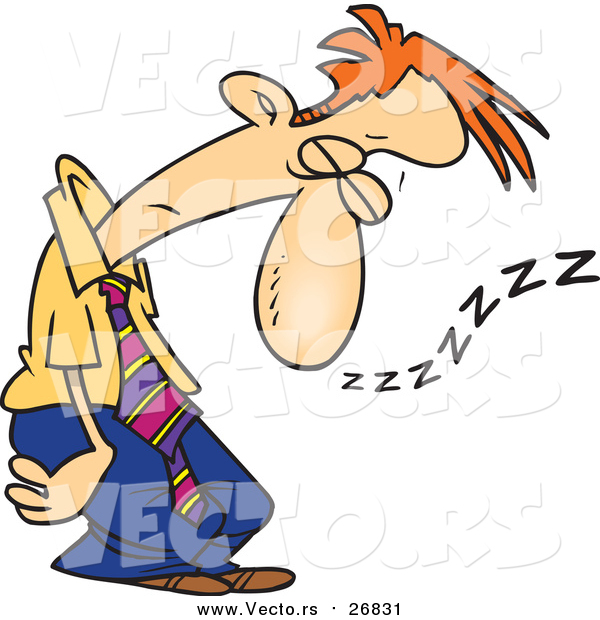 Vector of a Tired Cartoon Red Haired White Businessman Sleeping Standing up