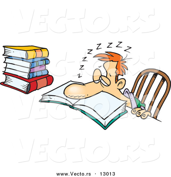 Vector of a Tired Cartoon Student Sleeping over School Book