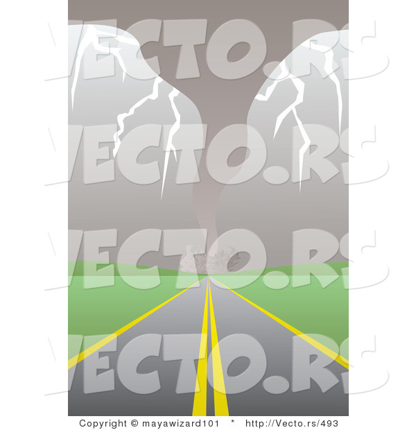 Vector of a Tornado and Lightning over a Road in the Country