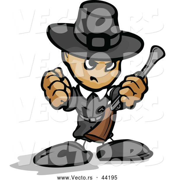 Vector of a Tough Cartoon Pilgrim Armed with a Rifle While Balling His Fist