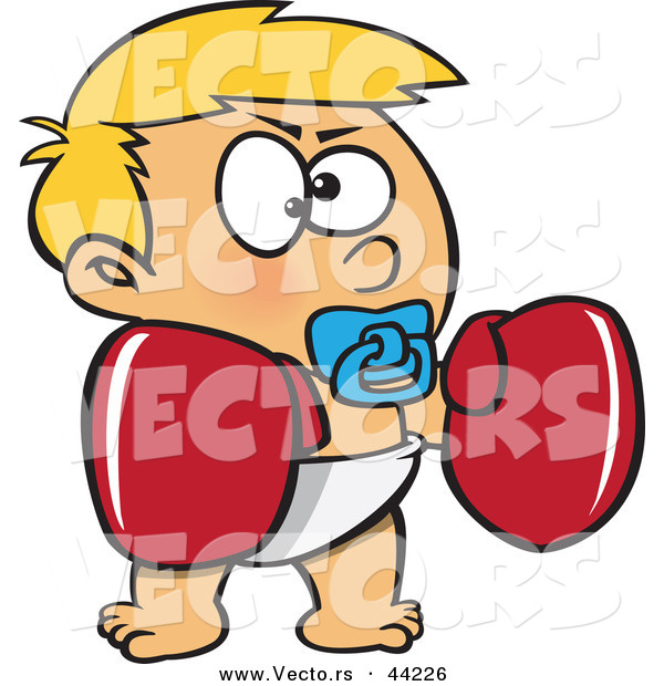 Vector of a Tough Cartoon Toddler Boy Wearing Boxing Gloves While Sucking on a Pacifier