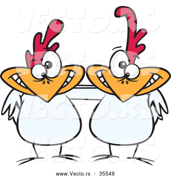 Vector of a Two Cartoon White Chickens Posing Together with Smiles
