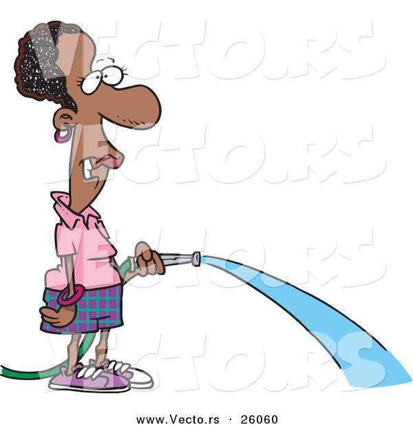 Vector of a Uncomfortable Cartoon Black Woman Watering with a Garden Hose