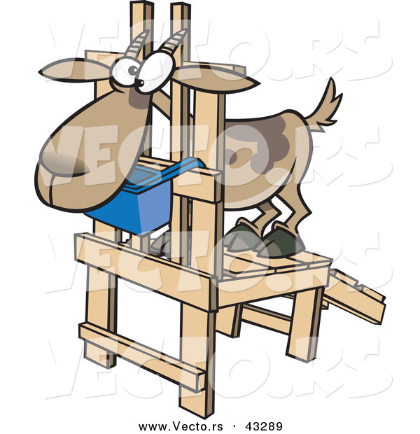 Vector of a Uncomfortable Cartoon Goat Standing on a Wooden Milking Device