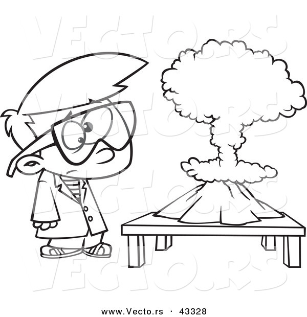 Vector of a Uneducated Cartoon Scientist Boy Watching His Project Unexpectedly Explode - Coloring Page Outline