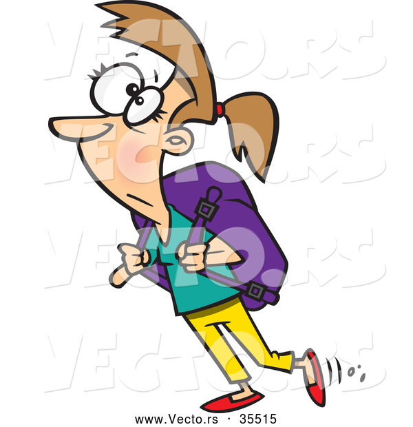 Vector of a Unhappy Cartoon Girl Carrying a Heavy Backpack