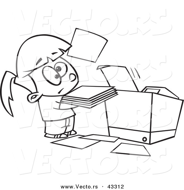 Vector of a Unhappy Cartoon Girl Trying to Use a Copier Machine - Coloring Page Outline