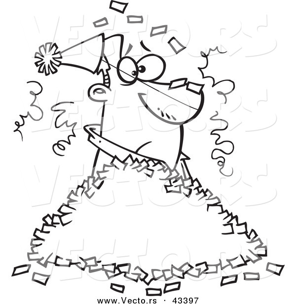 Vector of a Unhappy Cartoon Man in a Pile of Party Confetti - Coloring Page Outline