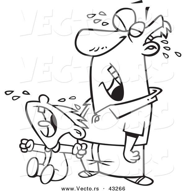 Vector of a Upset Cartoon Father Crying with His Son - Coloring Page Outline