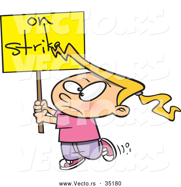 Vector of a Upset Cartoon Girl Walking Around with an 'On Strike' Sign