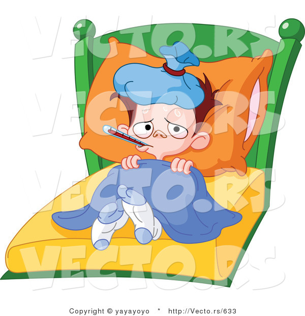 Vector of a Very Sick Boy with a Fever Laying in Bed