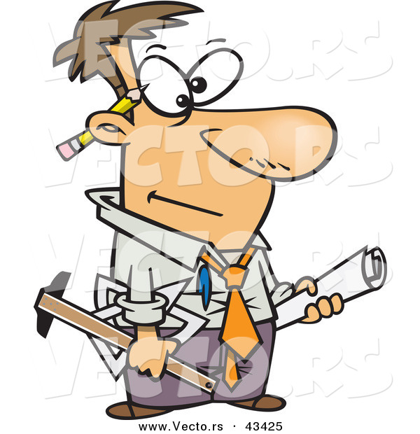 Vector of a Veteran Cartoon Male Engineer with Blueprints and Tools
