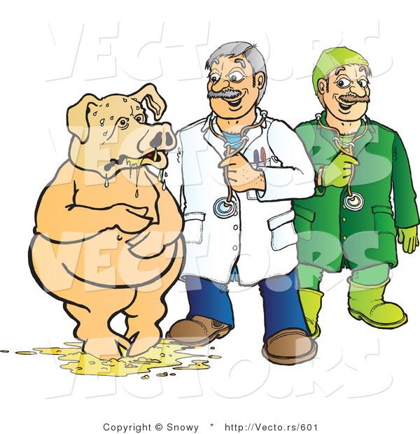 Vector of a Veterinarian and Doctor Looking over Sick Pig Puking