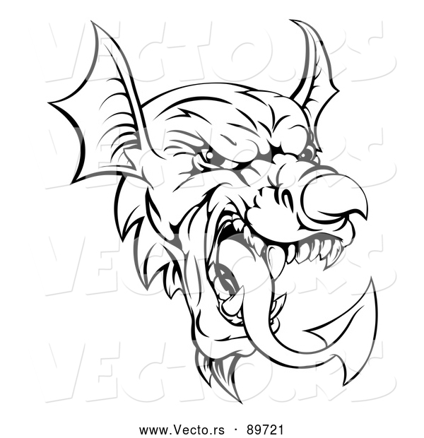 Vector of a Warrior Welsh Dragon Mascot Head - Black and White