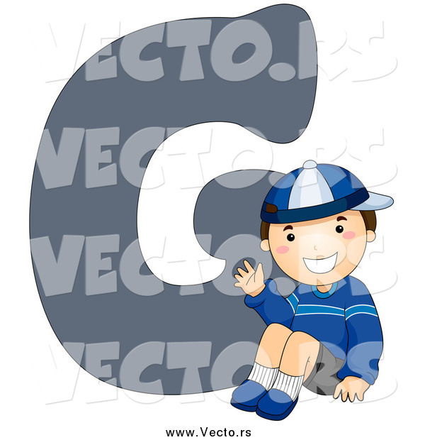 Vector of a Waving and Sitting White Boy by a Capital Letter G