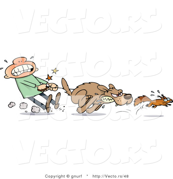 Vector of a Weak Man Struggling to Stop His Aggressive Dog from Catching a Squirrel During a Chase