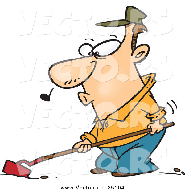 Vector of a Whistling Cartoon Man Cultivating Garden Soil with a Hoe