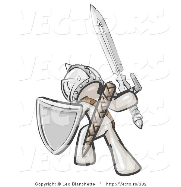 Vector of a White Knight with Shield and Sword Standing in Battle Mode
