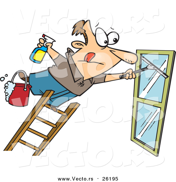 Vector of a White Male Window Cleaner Leaning Far over a Ladder