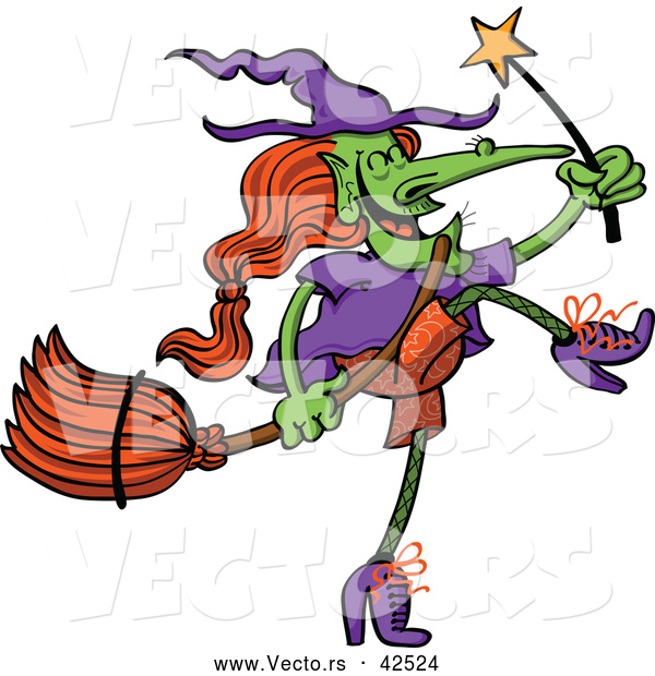 Vector of a Wicked Cartoon Witch Dancing with a Magic Wand and Broom Stick