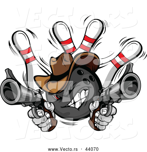 Vector of a Wild West Cartoon Cowboy Bowling Ball Shooting Handguns While Knocking Pins down
