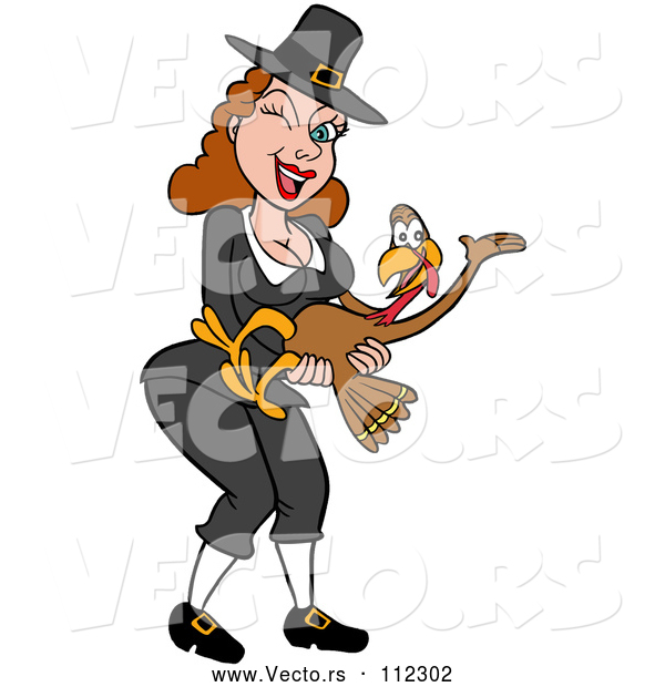 Vector of a Winking Cartoon Pilgrim Girl Holding a Happy Turkey Bird