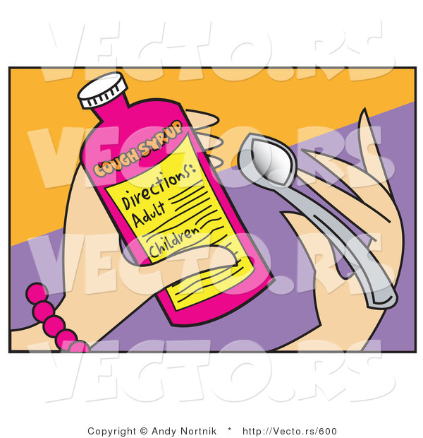 Vector of a Woman Holding Cough Syrup Medicine Bottle and Measuring Spoon