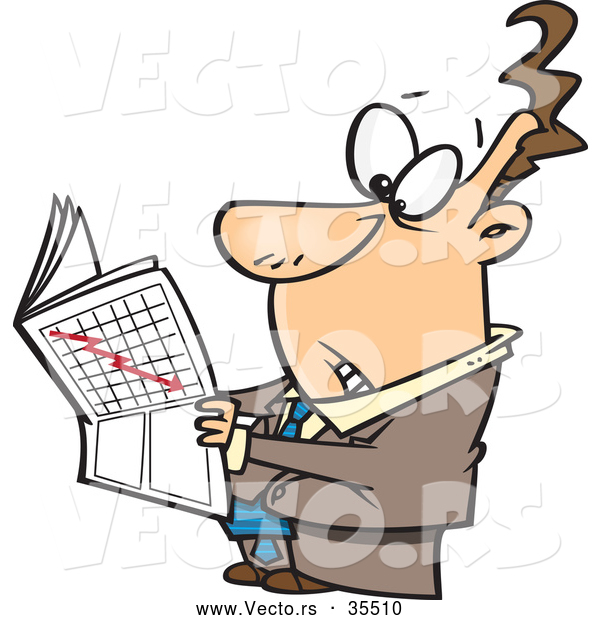 Vector of a Worried Cartoon Businessman Reading Stock Market News Paper
