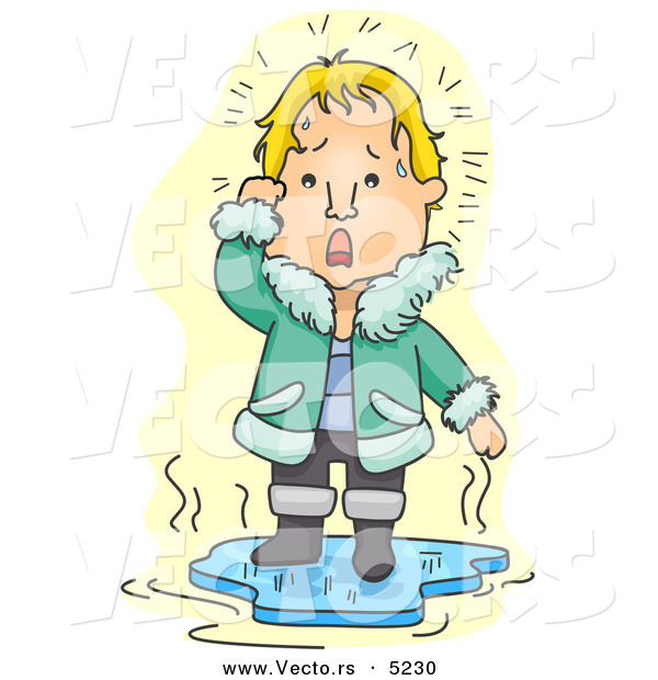 Vector of a Worried Cartoon Man Standing on Thin Melting Ice Floating on Water
