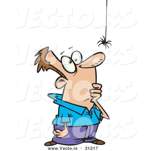 Vector of a Worried Man Looking at Blackwidow Spider Dropping down from Web - Cartoon Style
